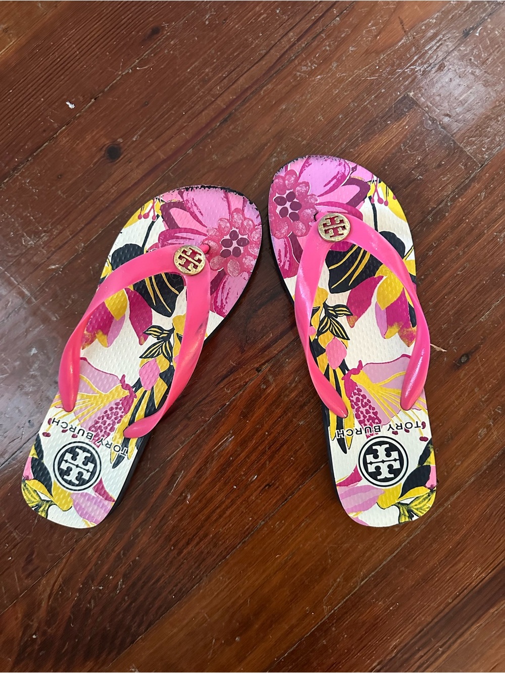 Tory Burch Pink Floral Logo Thong Sandals